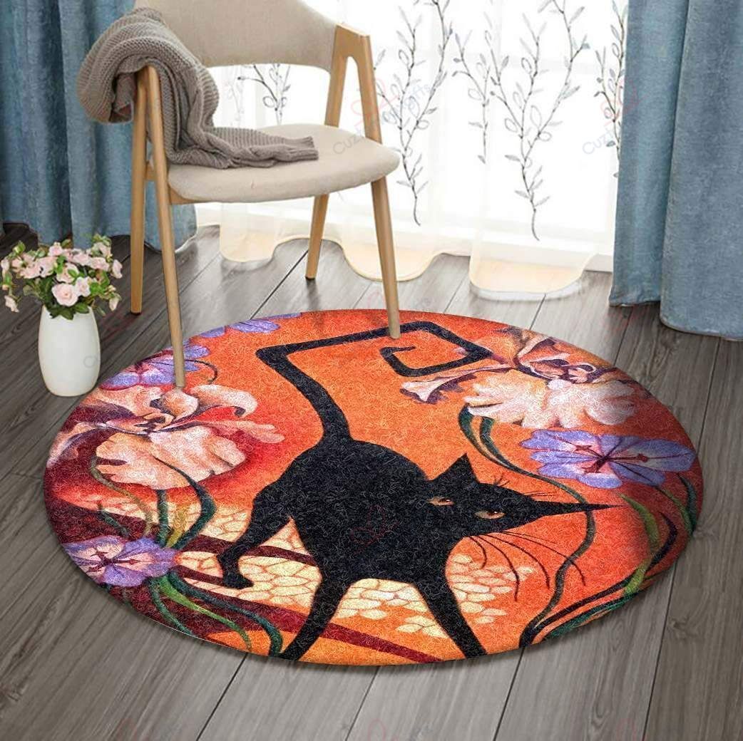 Black Cat And Flowers Round Carpet Floor Rug Living Room Bedroom Decor Round Area Rug Carpet Black Cat And Flowers Round Carpet Floor Rug Living Room Bedroom Decor Round Area Rug Carpet