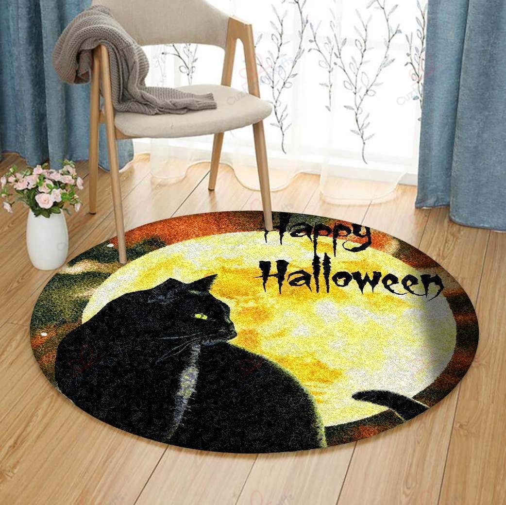 Black Cat Happy Halloween Round Carpet Floor Rug Living Room Bedroom Decor Round Area Rug Carpet Black Cat Happy Halloween Round Carpet Floor Rug Living Room Bedroom Decor Round Area Rug Carpet