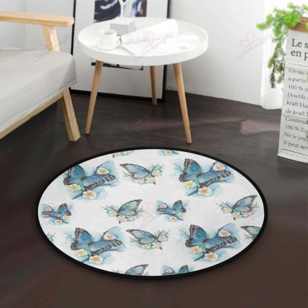 Blue Butterfly 1 Round Carpet Floor Rug Living Room Bedroom Decor Round Area Rug Carpet