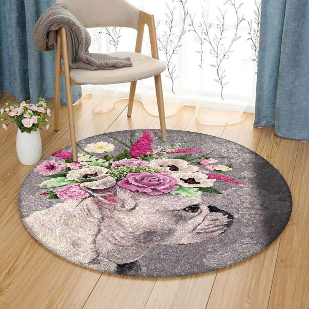 Bulldog Flowers Round Carpet Floor Rug Living Room Bedroom Decor Round Area Rug Carpet Bulldog Flowers Round Carpet Floor Rug Living Room Bedroom Decor Round Area Rug Carpet