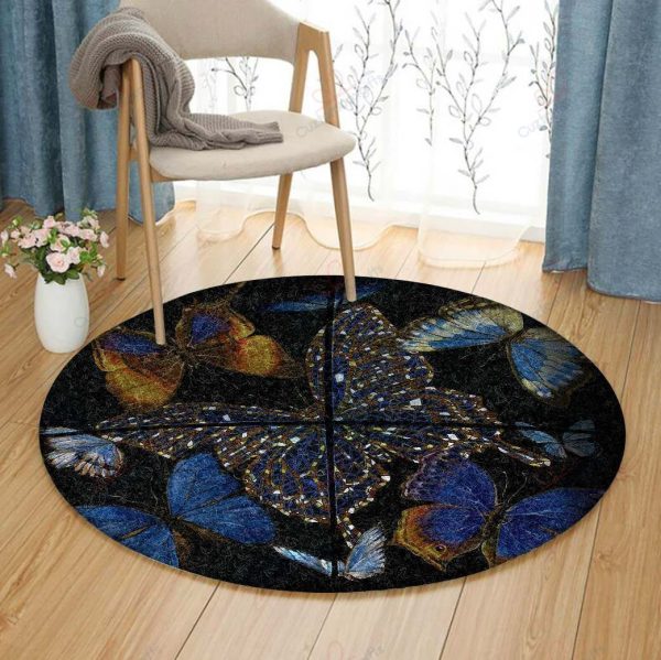 Butterflies In Night Round Carpet Floor Rug Living Room Bedroom Decor Round Area Rug Carpet