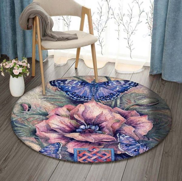 Butterfly And Flower Round Carpet Floor Rug Living Room Bedroom Decor Round Area Rug Carpet