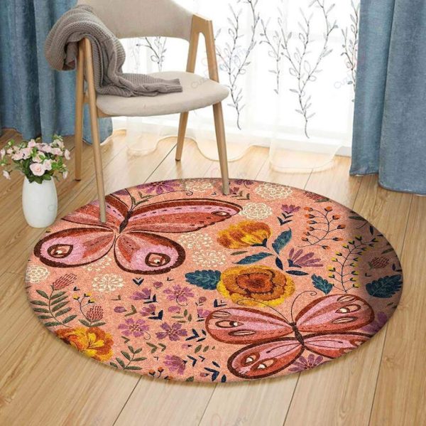 Butterfly And Flower Pattern Round Carpet Floor Rug Living Room Bedroom Decor Round Area Rug Carpet