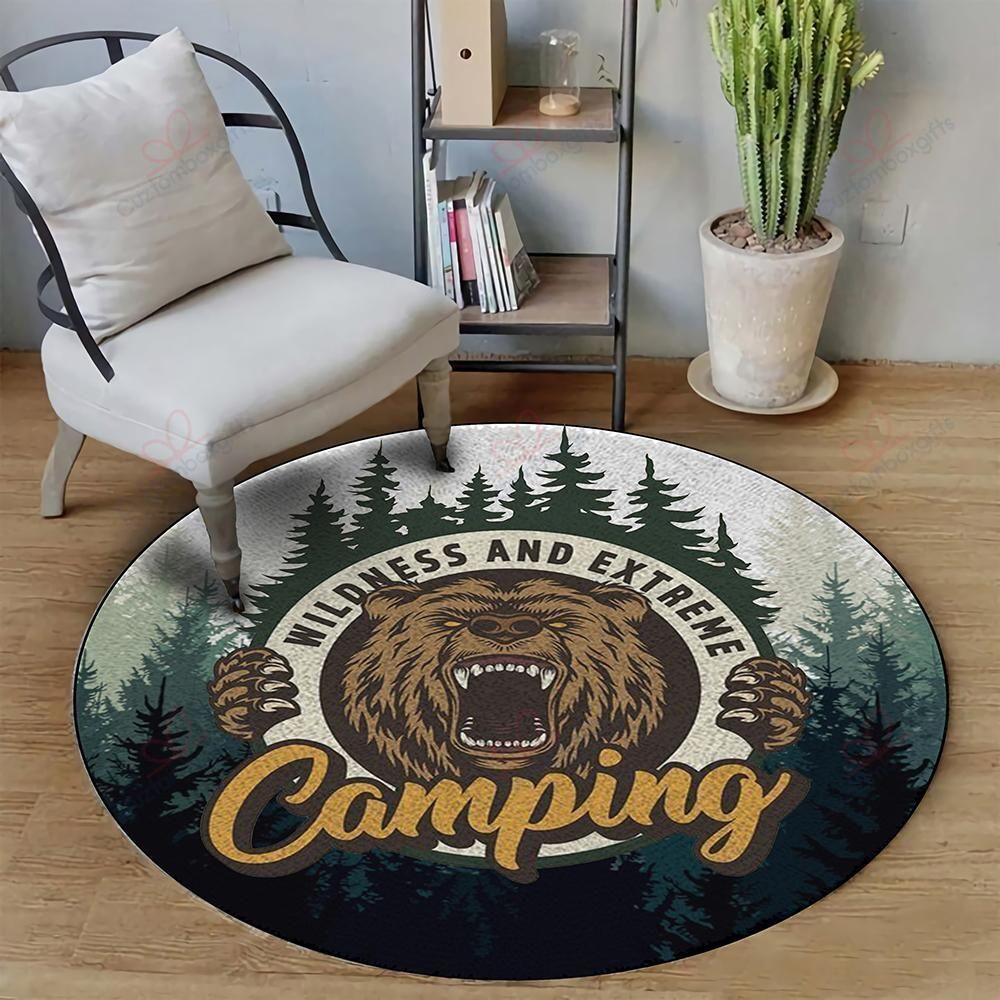 Camping Bear Round Carpet Floor Rug Living Room Bedroom Decor Round Area Rug Carpet Camping Bear Round Carpet Floor Rug Living Room Bedroom Decor Round Area Rug Carpet