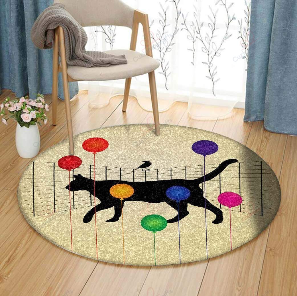 Cat With Color Balloon Round Carpet Floor Rug Living Room Bedroom Decor Round Area Rug Carpet