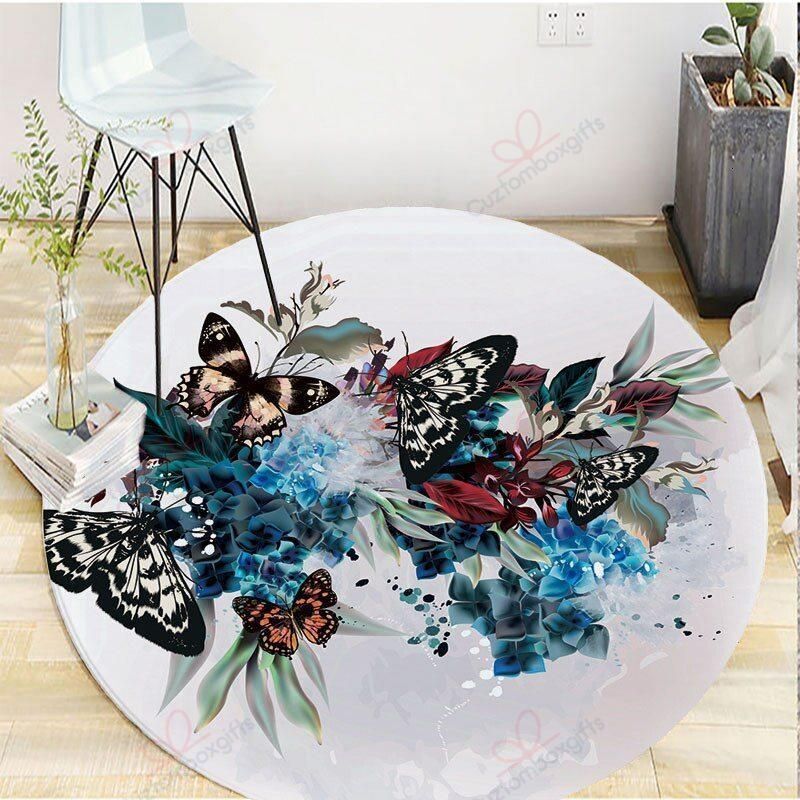 Color Butterfly And Blue Flowers Round Carpet Floor Rug Living Room Bedroom Decor Round Area Rug Carpet Color Butterfly And Blue Flowers Round Carpet Floor Rug Living Room Bedroom Decor Round Area Rug Carpet