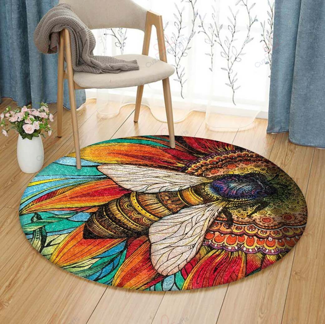 Colorful Bee Round Carpet Floor Rug Living Room Bedroom Decor Round Area Rug Carpet