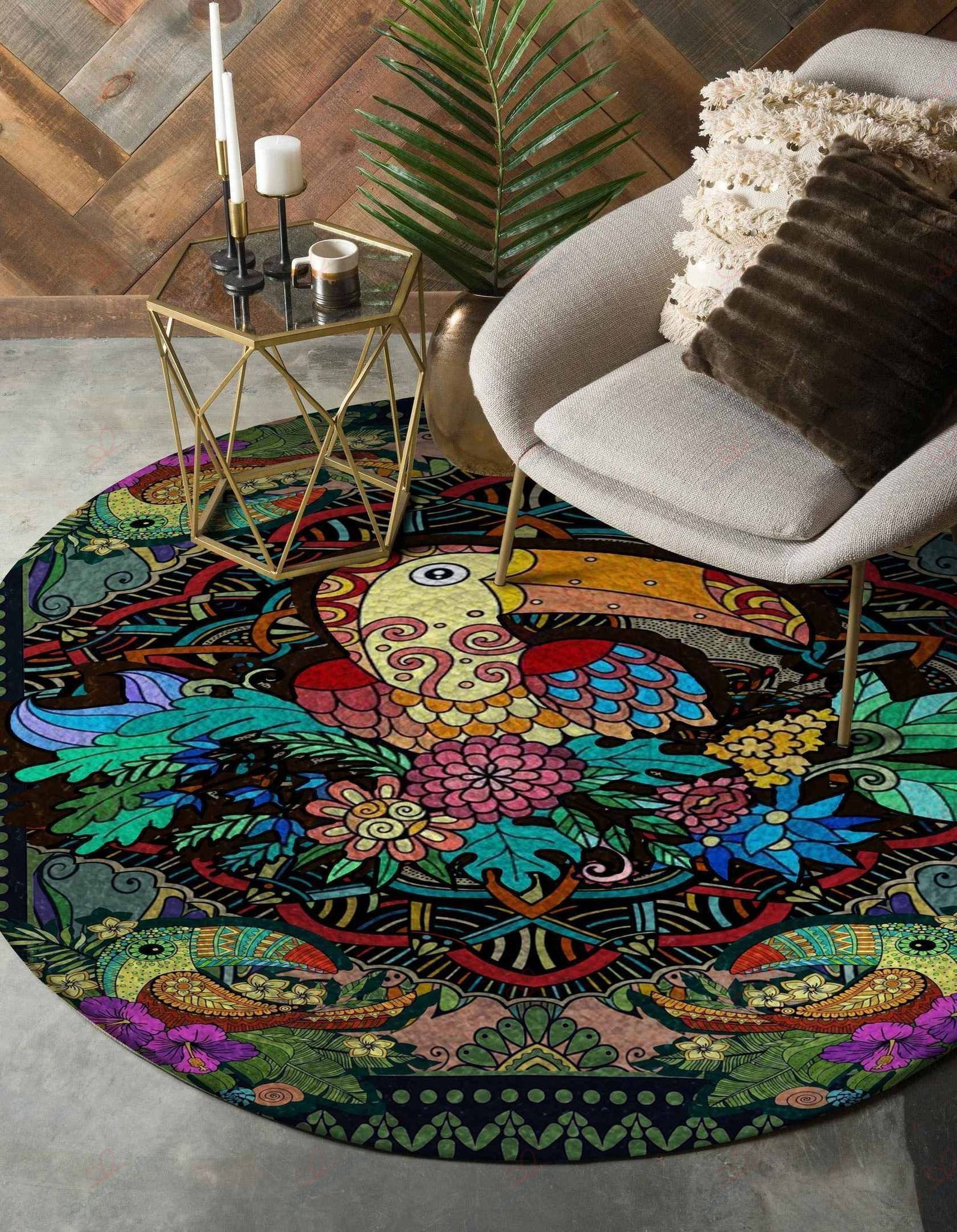 Colorful Bird Round Carpet Floor Rug Living Room Bedroom Decor Round Area Rug Carpet
