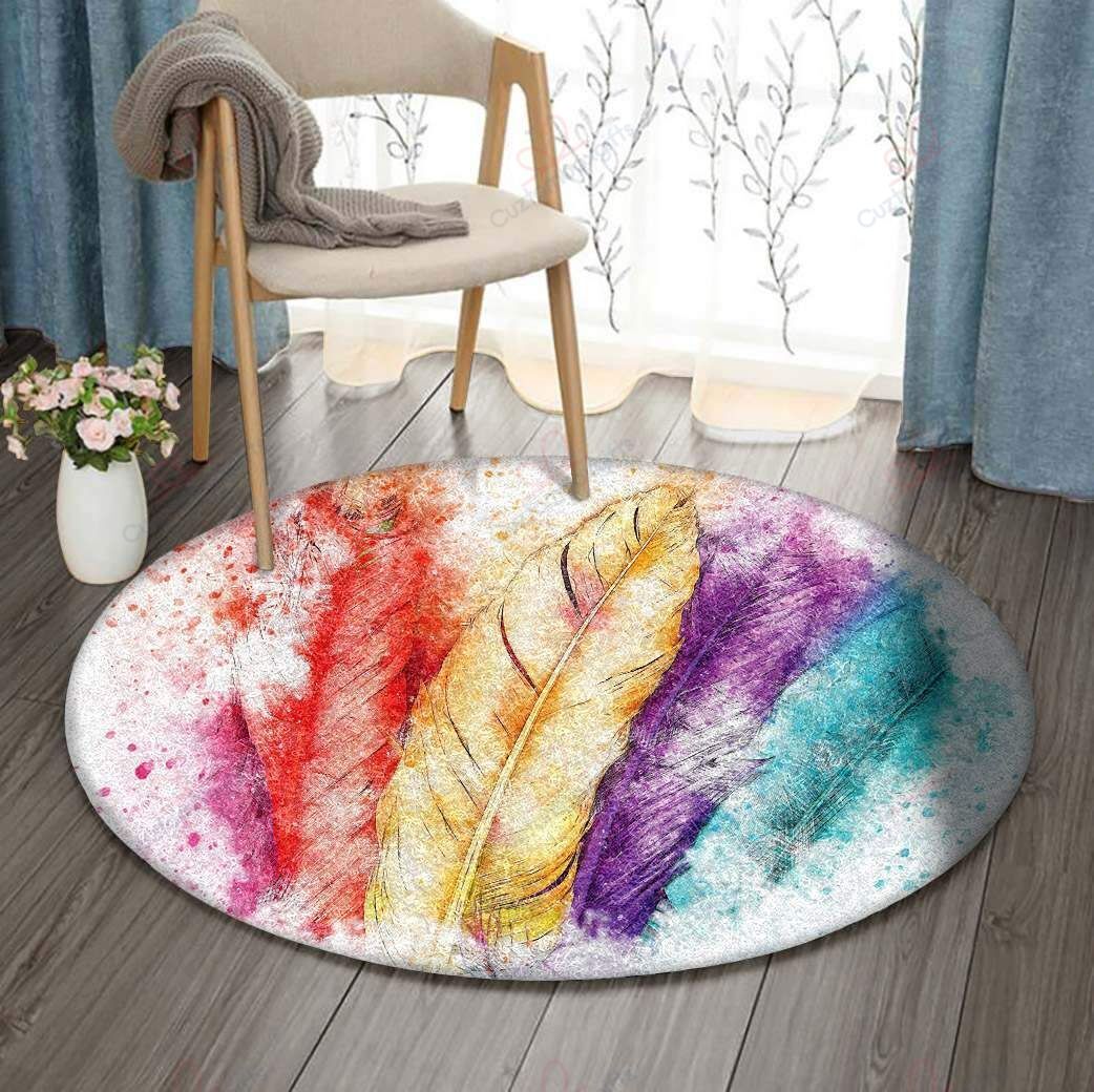 Colorful Feather Round Carpet Floor Rug Living Room Bedroom Decor Round Area Rug Carpet