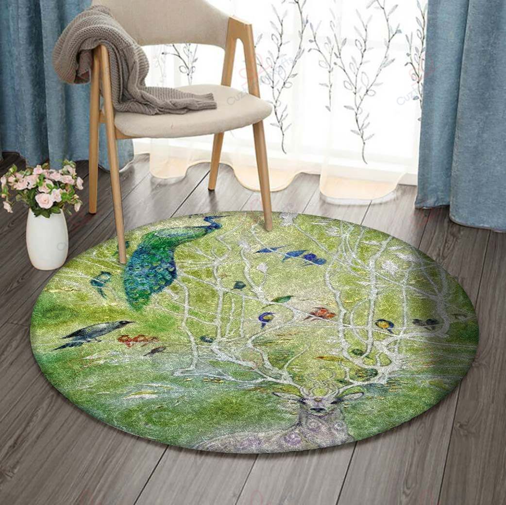 Deer And Peacock Round Carpet Floor Rug Living Room Bedroom Decor Round Area Rug Carpet Deer And Peacock Round Carpet Floor Rug Living Room Bedroom Decor Round Area Rug Carpet