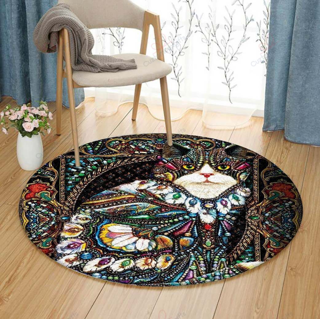 Jeweled Cat Round Carpet Floor Rug Living Room Bedroom Decor Round Area Rug Carpet Jeweled Cat Round Carpet Floor Rug Living Room Bedroom Decor Round Area Rug Carpet