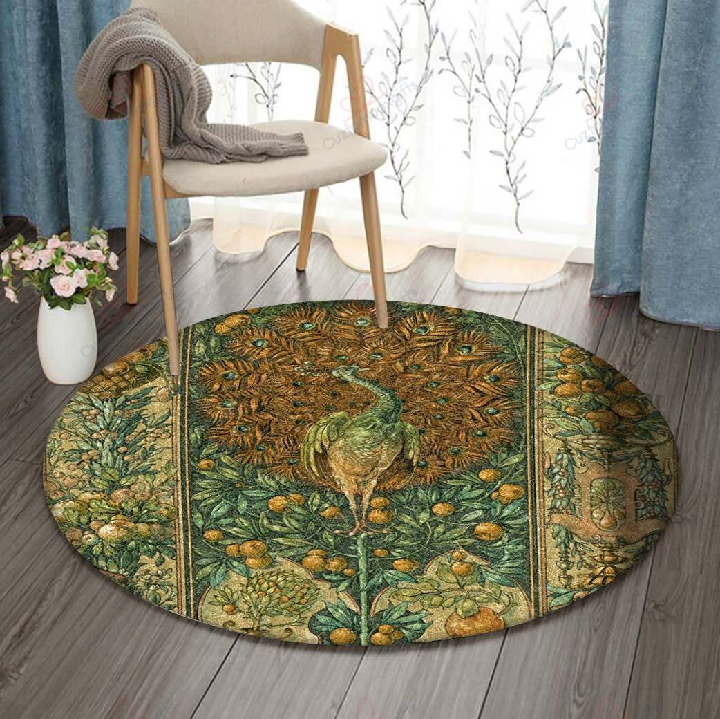 Peacock Flower Vintage Round Carpet Floor Rug Living Room Bedroom Decor Round Area Rug Carpet