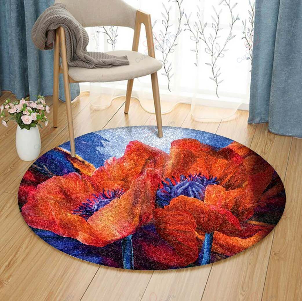 Red Poppies On Blue Round Carpet Floor Rug Living Room Bedroom Decor Round Area Rug Carpet Red Poppies On Blue Round Carpet Floor Rug Living Room Bedroom Decor Round Area Rug Carpet