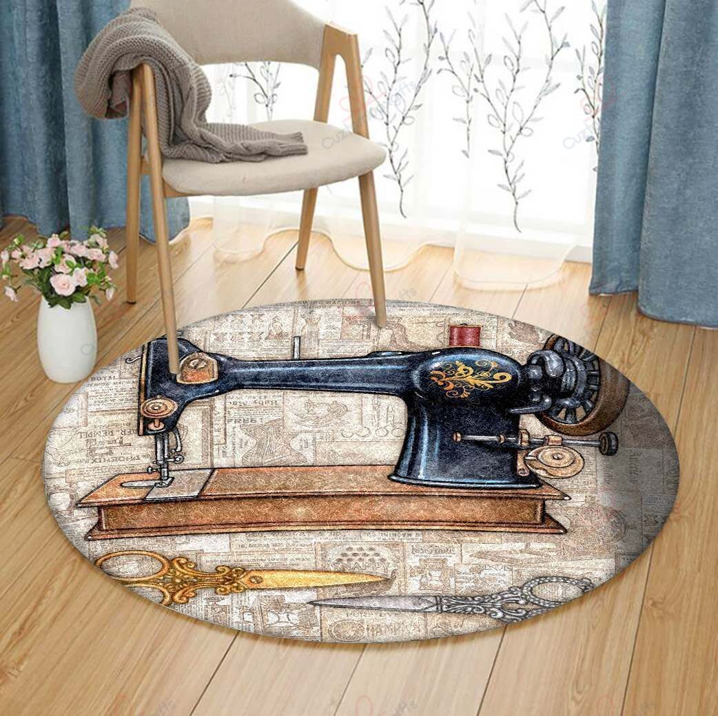 Sewing Machine Vintage Round Carpet Floor Rug Living Room Bedroom Decor Round Area Rug Carpet