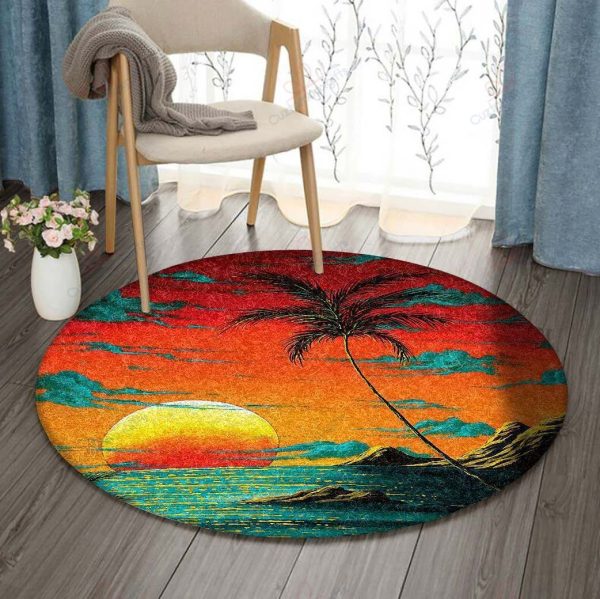 Sunset Palm Tree Round Carpet Floor Rug Living Room Bedroom Decor Round Area Rug Carpet