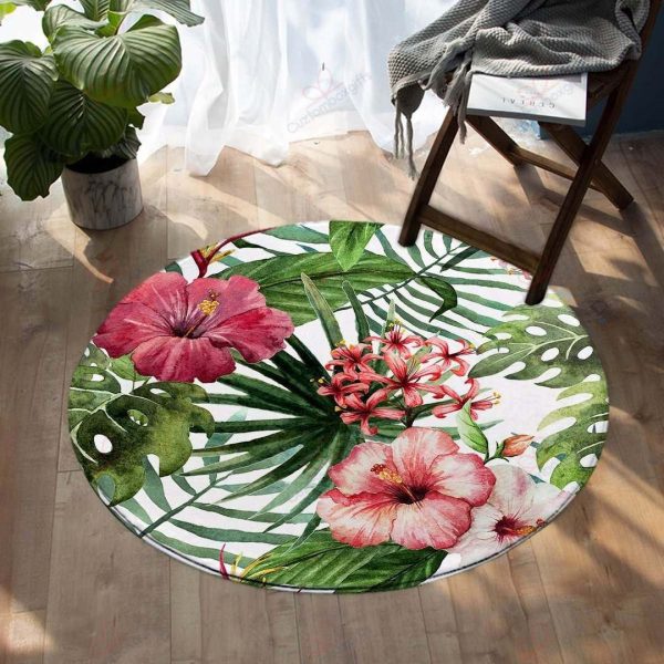 Tropical Hibiscus Palm Tree Round Carpet Floor Rug Living Room Bedroom Decor Round Area Rug Carpet