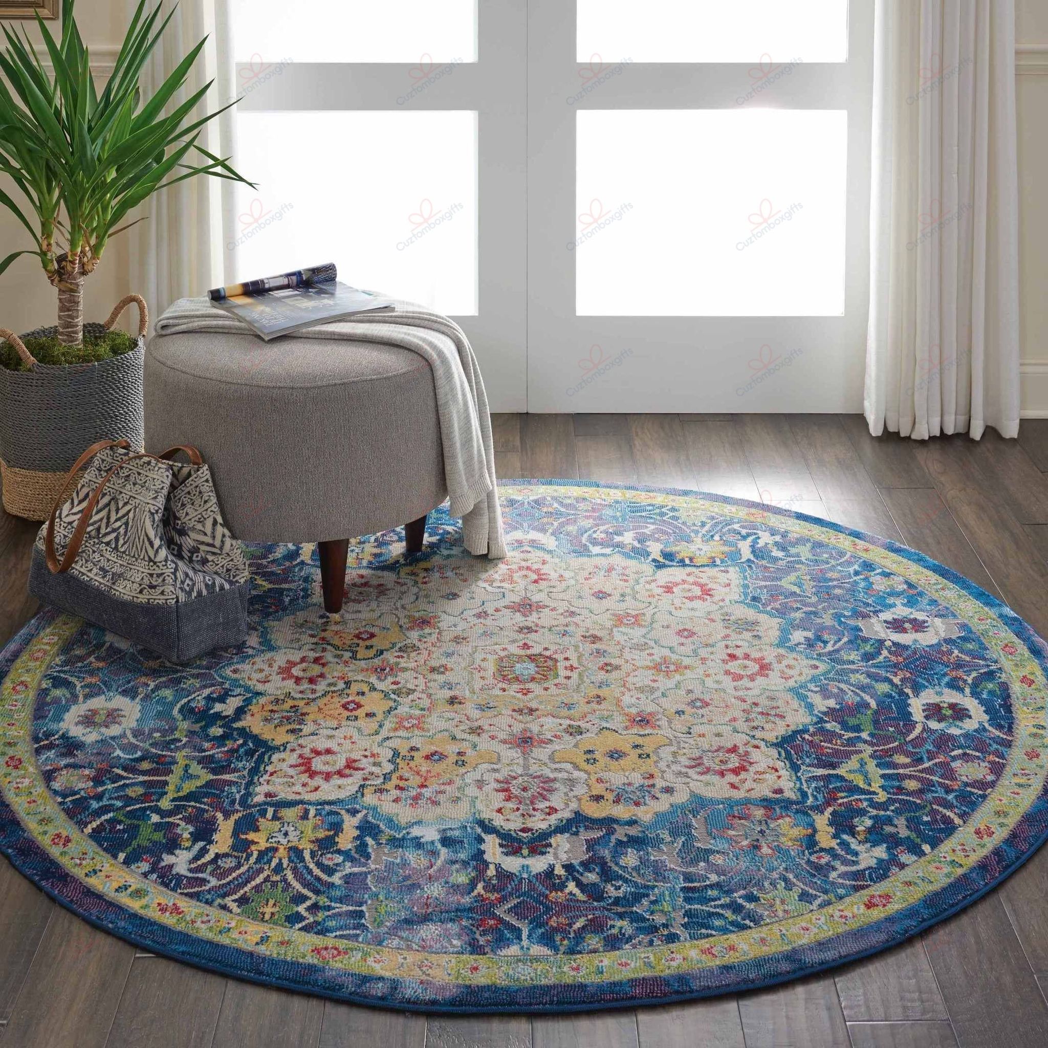 Vintage Blue Medallion Round Carpet Floor Rug Living Room Bedroom Decor Round Area Rug Carpet