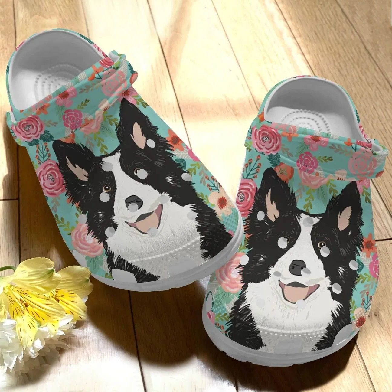 Border Collie Personalize Clog Custom Crocs Fashionstyle Comfortable For Women Men Kid Print 3D Floral Background Border Collie Personalize Clog Custom Crocs Fashionstyle Comfortable For Women Men Kid Print 3D Floral Background