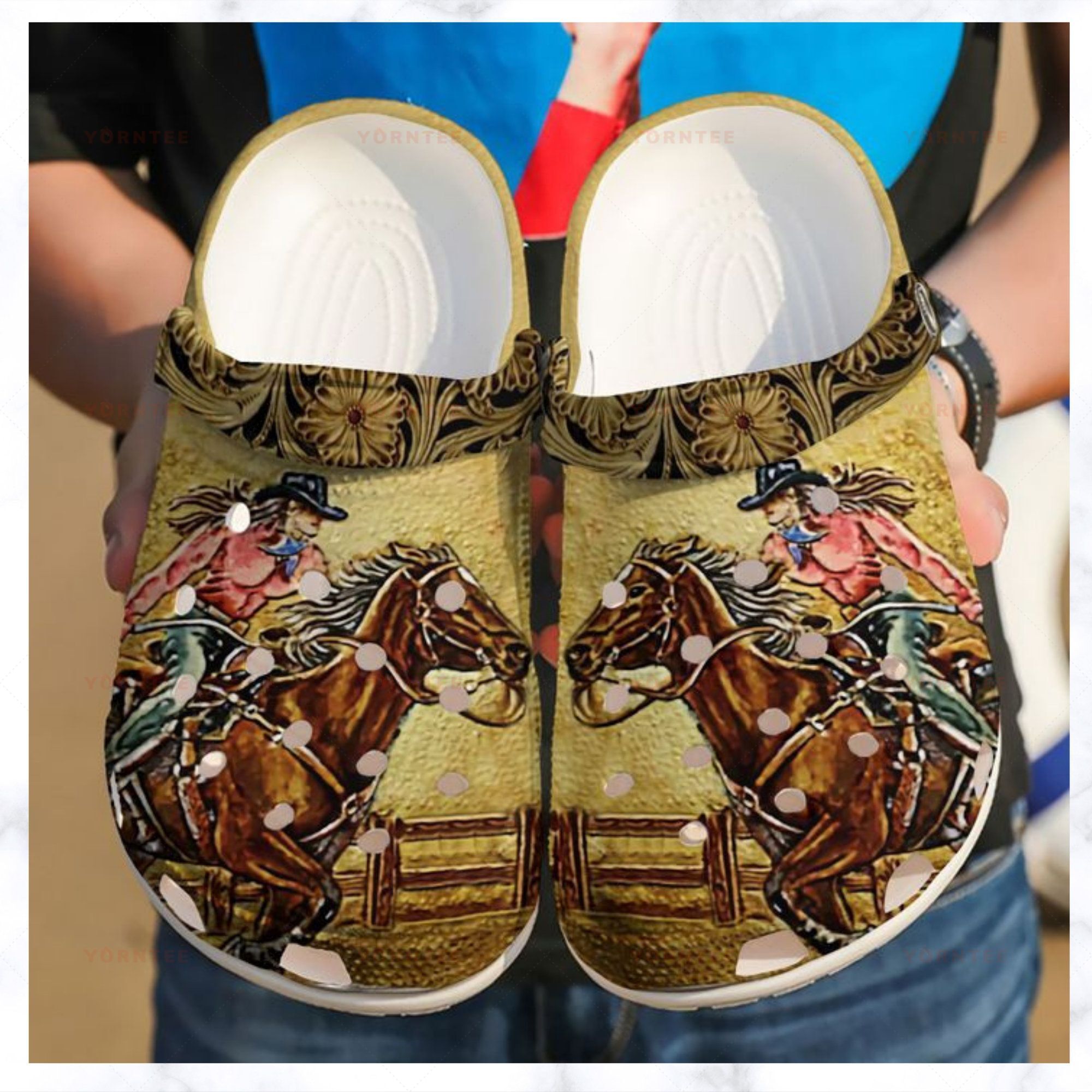Personalized Cowgirl Rider And Her Steed Crocs Clogy Shoes For Mens And Womens Personalized Cowgirl Rider And Her Steed Crocs Clogy Shoes For Mens And Womens